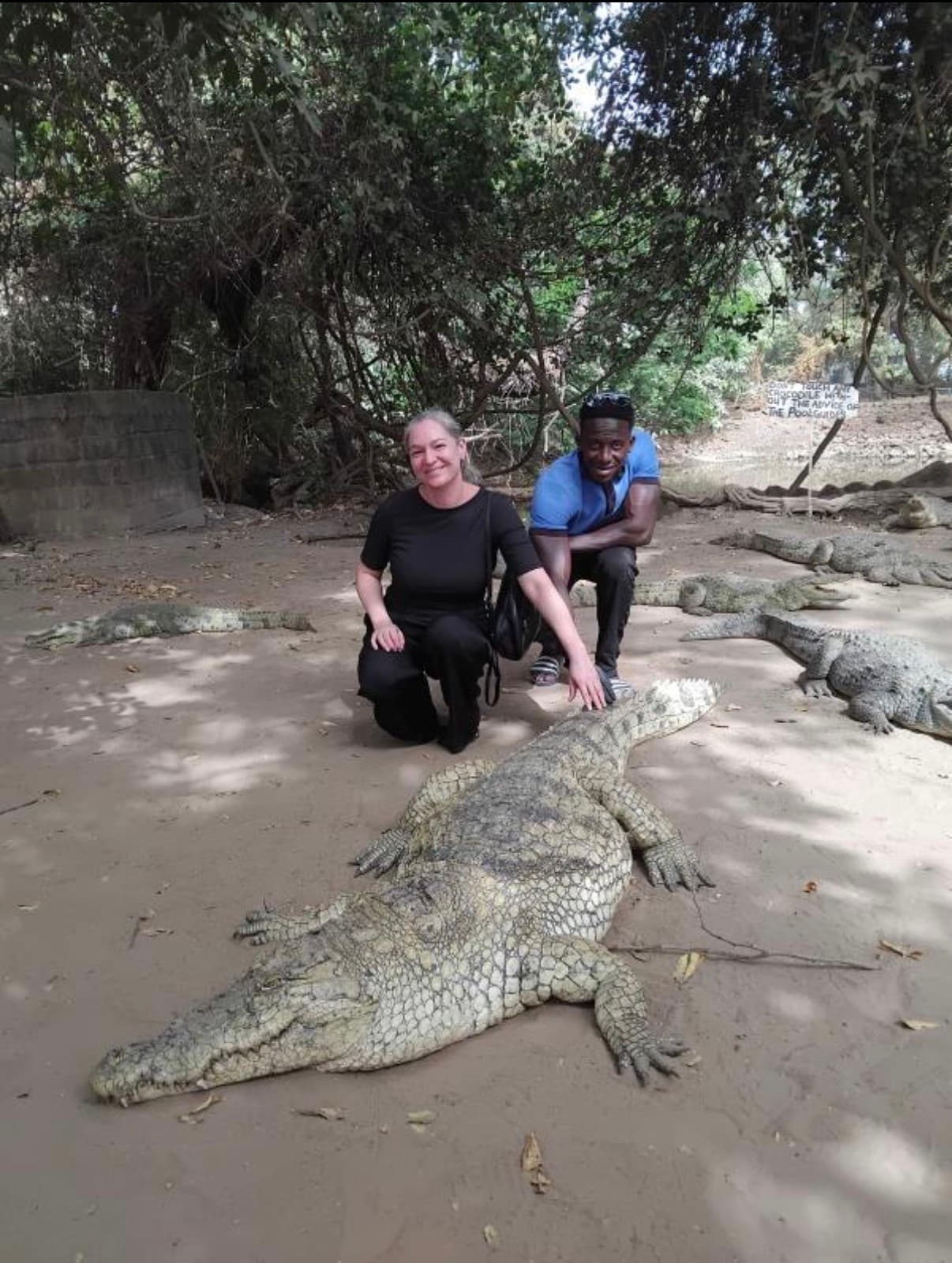 Guide and guests visiting a crocodile site in The Gambia.